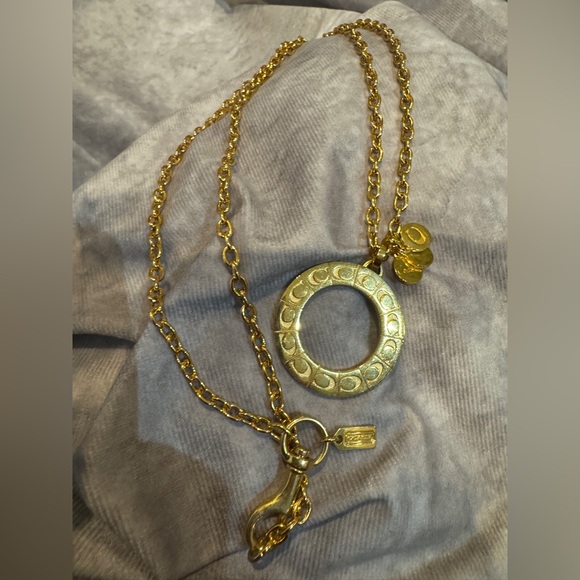 Coach C charm‎ Gold-ToneLong Chain Necklace with Circular Pendant